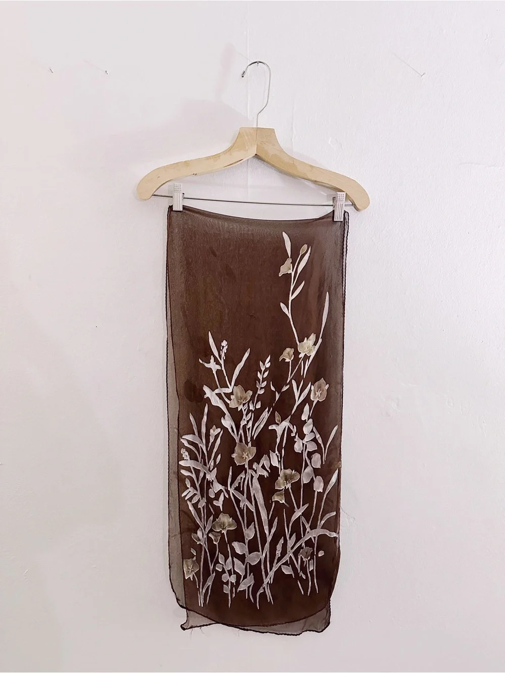 Vintage Silk Flocked Velvet Brown Floral Scarf Shawl